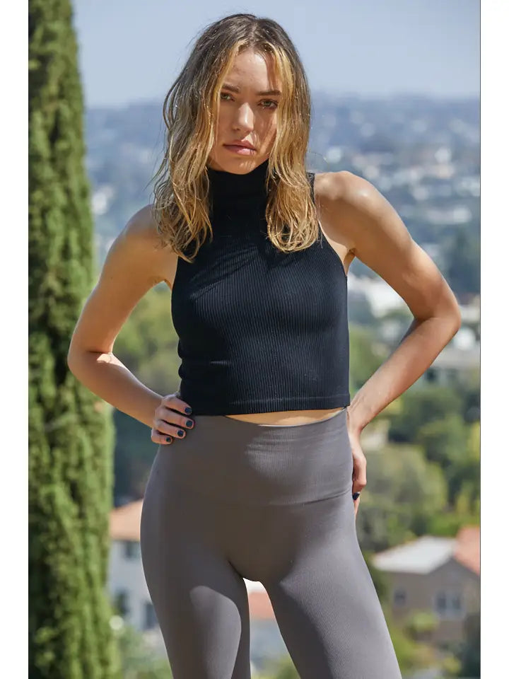 Knit Ribbed Seamless Mock Neck Sleeveless Crop Top in Black