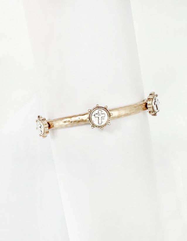 Worn Gold Textured Bracelet with Silver Stamped Cross Coin Stretch Bracelet