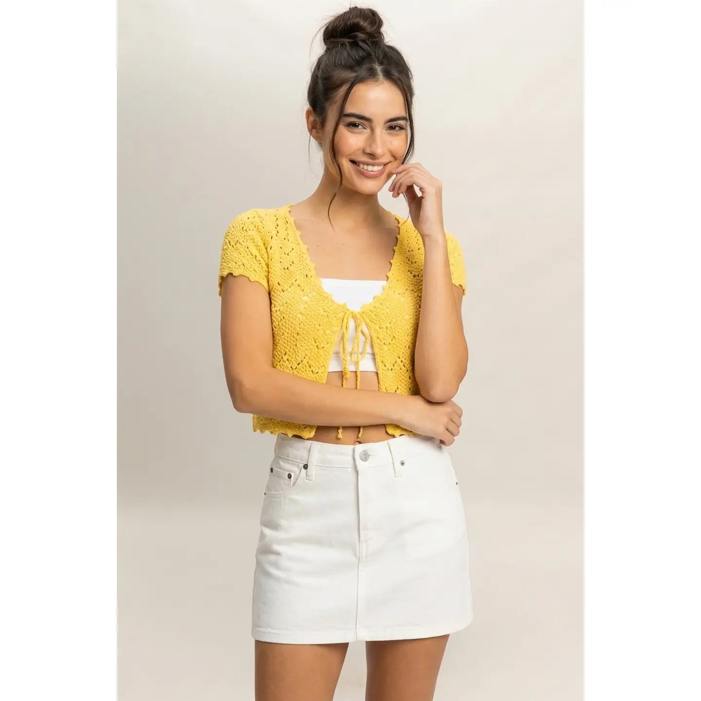 Tie Front Knit Cardigan top in Pineapple Yellow