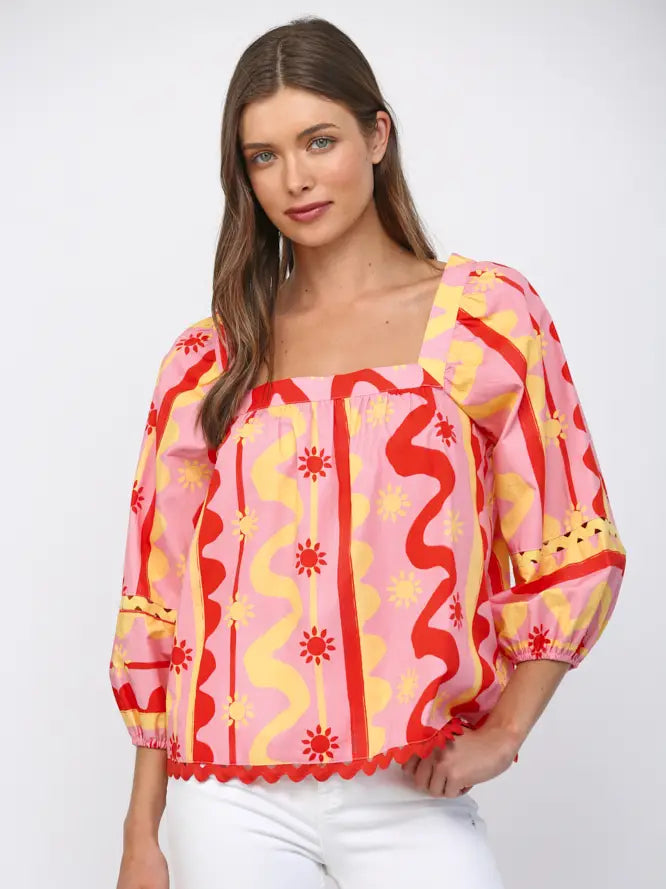Pink Multi Pattern Cotton Poplin Square Neckline Ric Rac Top