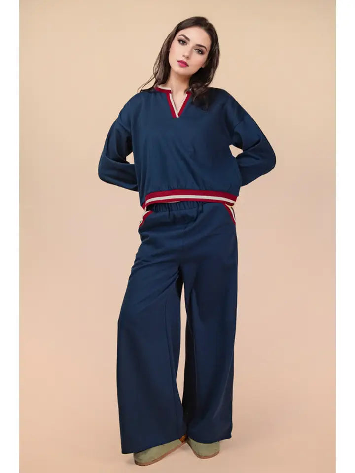 Navy Color Block Band Detail Comfy Knit Top & Pants Set