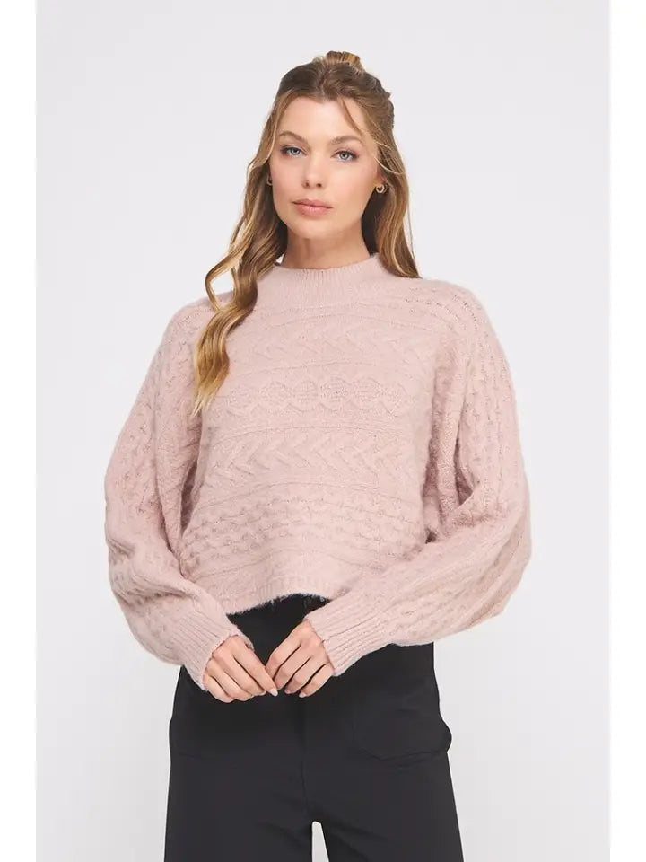 Rose Cable-Knit Cropped Mock Neck Sweater