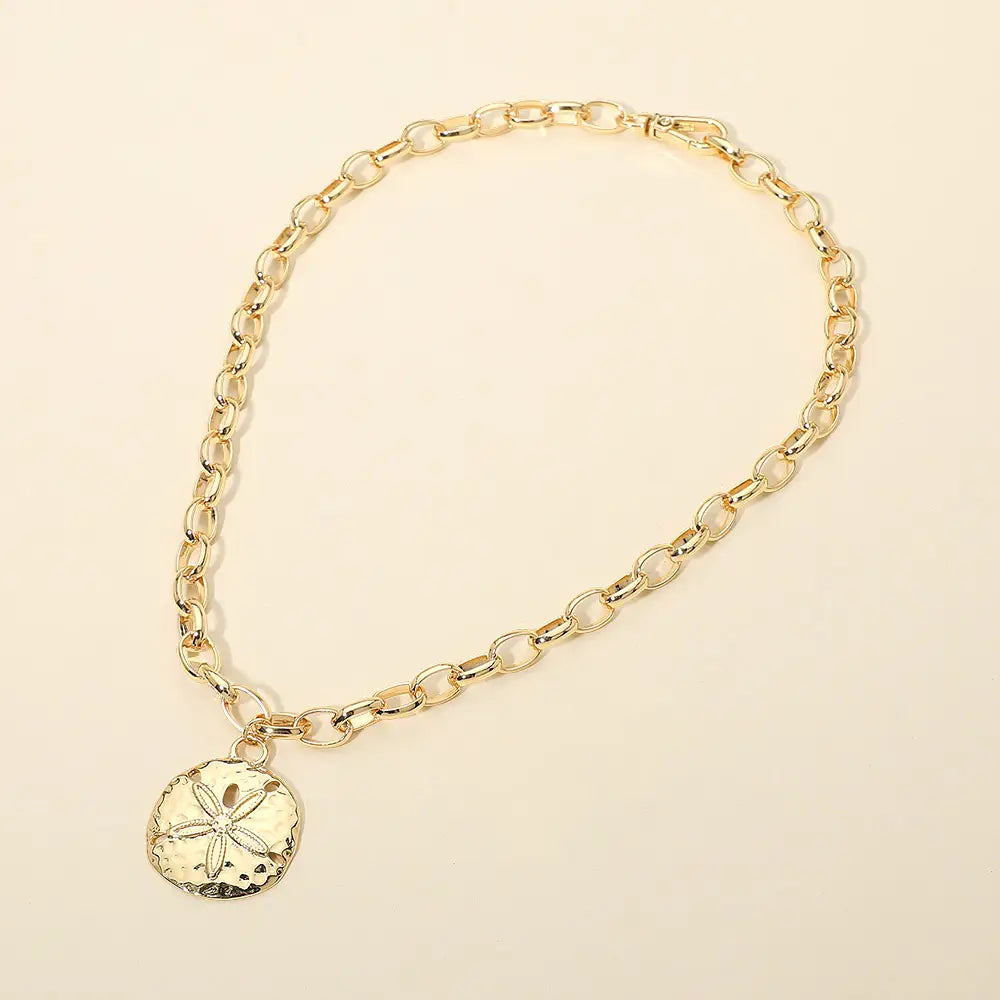 Hammered Metal Sand Dollar Pendant Chunky Chain Necklace
