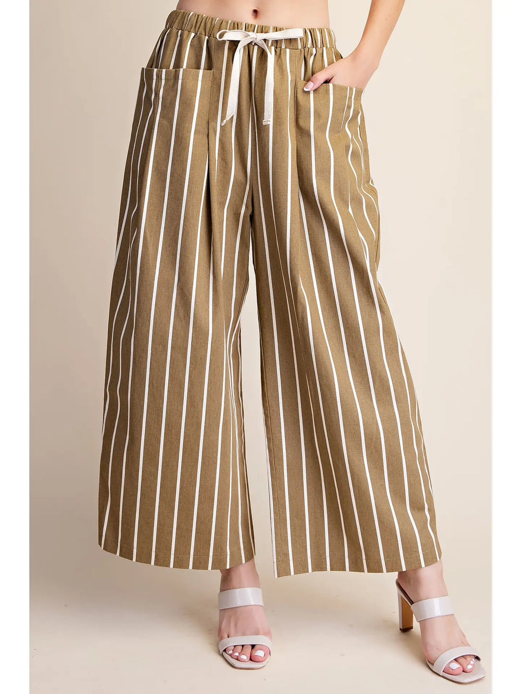 Taupe Drawstring Stripe Wide Pocket Pants