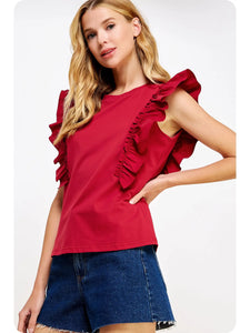 Poplin Ruffle Sleeveless Top in burgundy