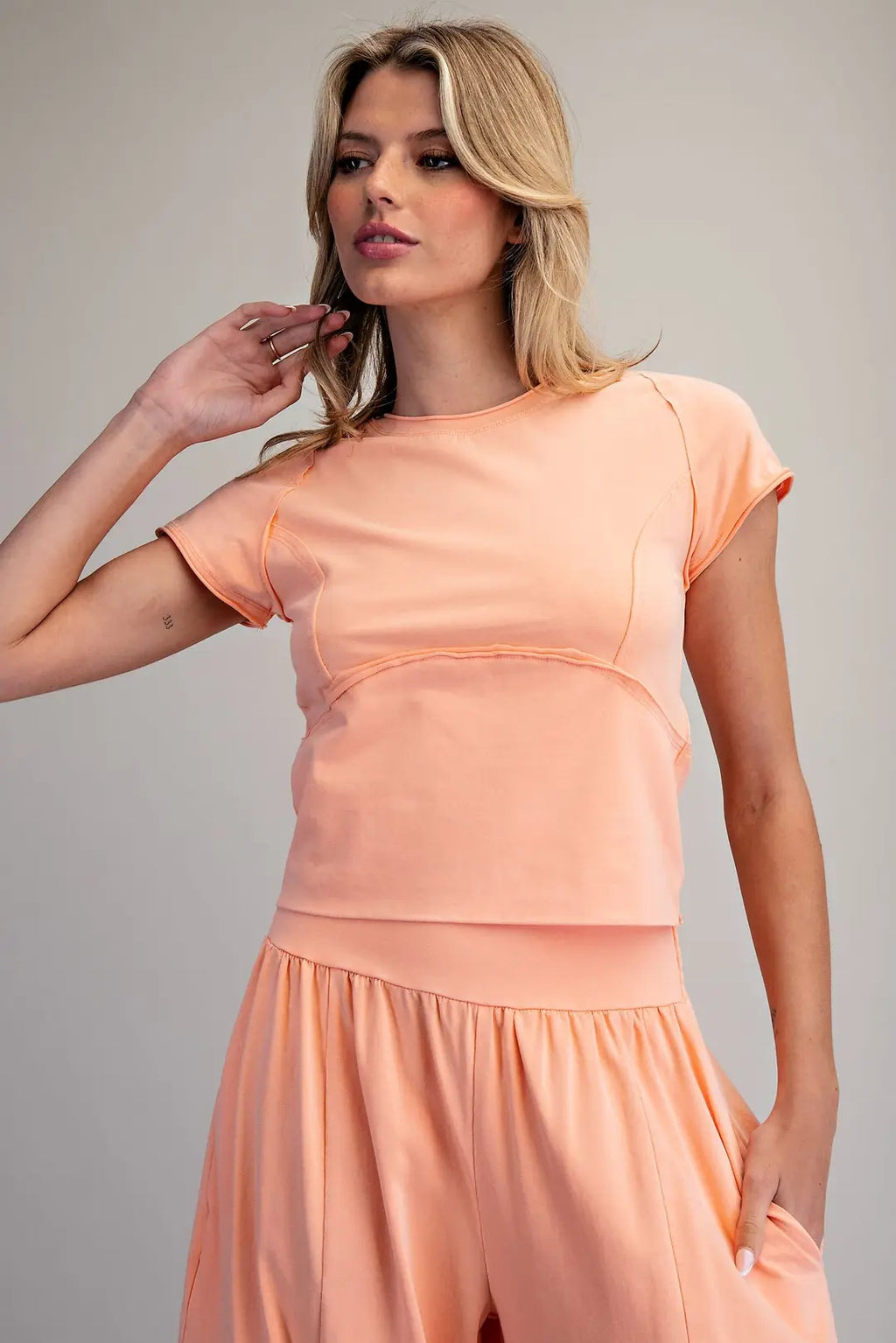 Coral Mineral Wash Cropped Tee and Pant Set