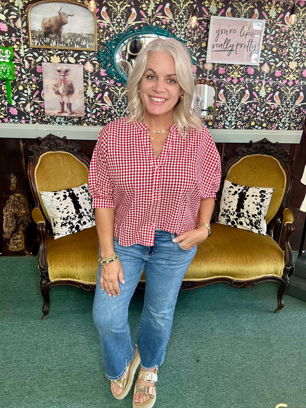 RED Gingham Cotton Blend Blouse