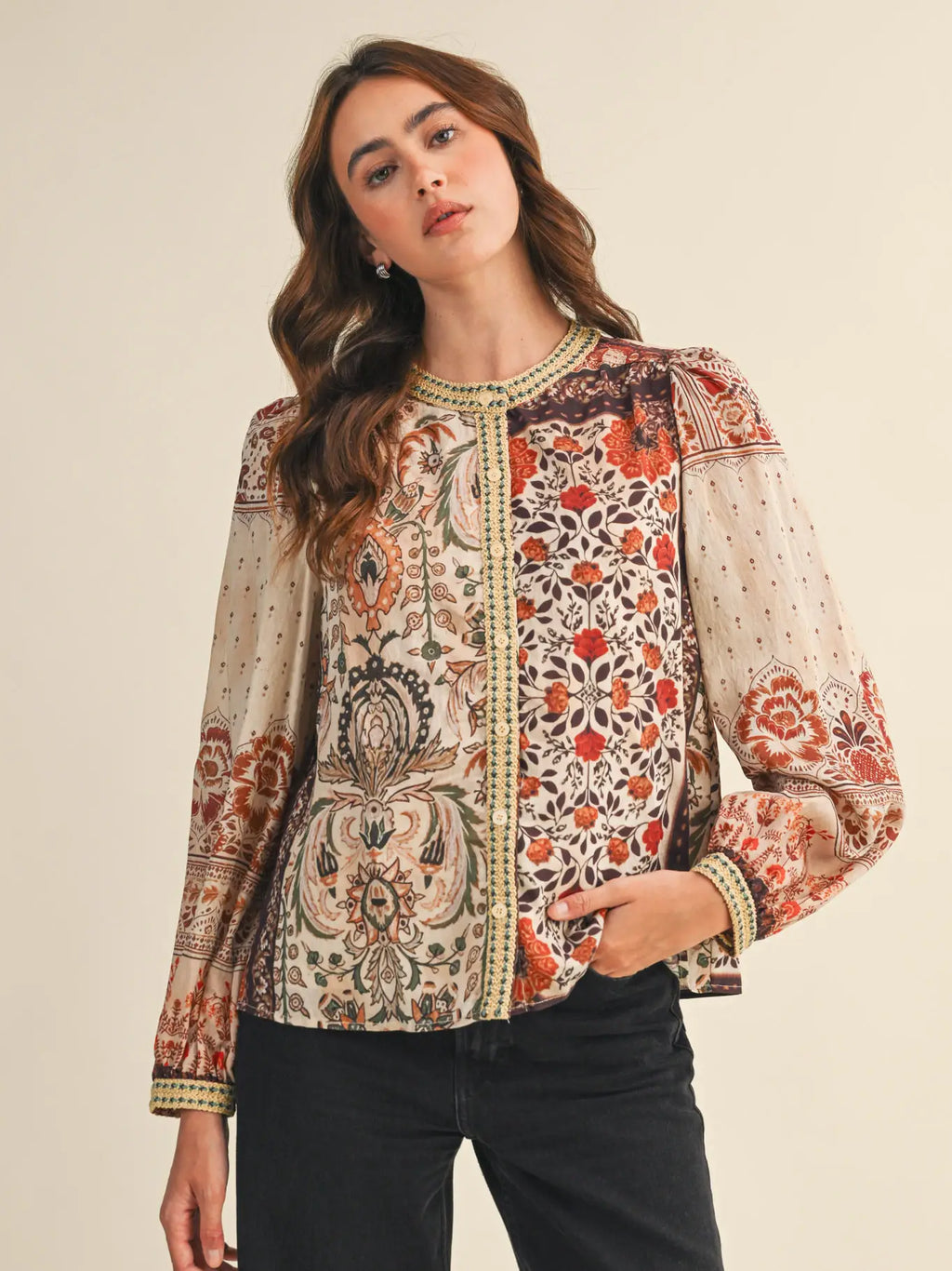 Mocha floral patchwork print button-down top with long sleeves and crochet trim detailing.