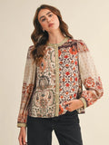 Mocha Floral Patchwork Print Crochet Trim Button Down Top