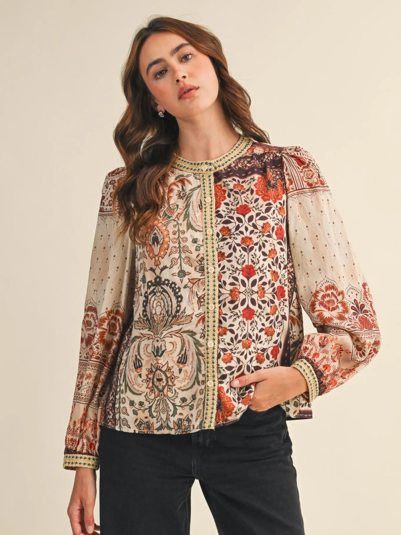 Mocha Floral Patchwork Print Crochet Trim Button Down Top