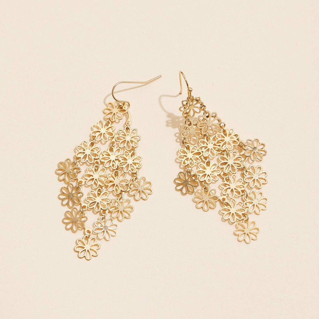 Metal Flower Filigree Linked Dangling Earrings: Gold