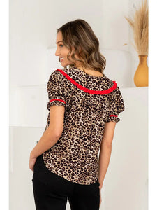 Leopard Print Blouse Puff Sleeves Statement Collar