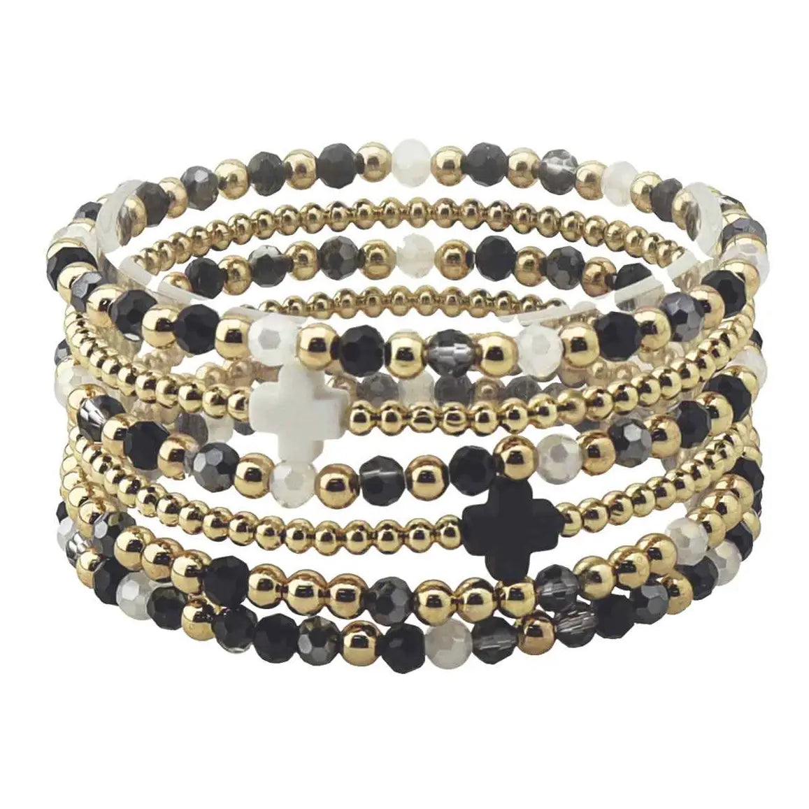 Set of five stretch bracelets featuring black and gold beads with grey cross accents, showcasing a layered look.