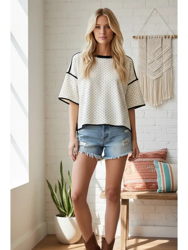 Cream Polka Dot Contrast Trim Top