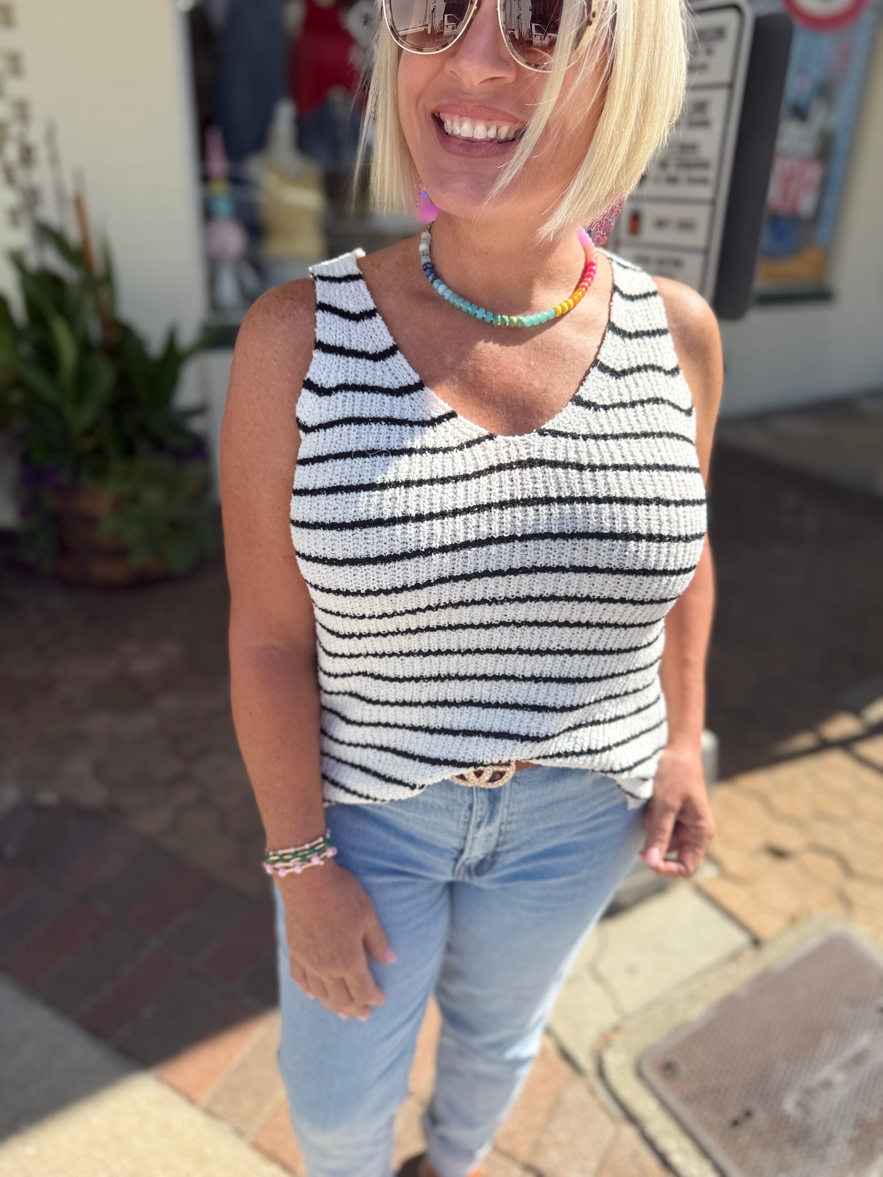 Black and Ivory Stripe Knit Sleeveless Tank Top