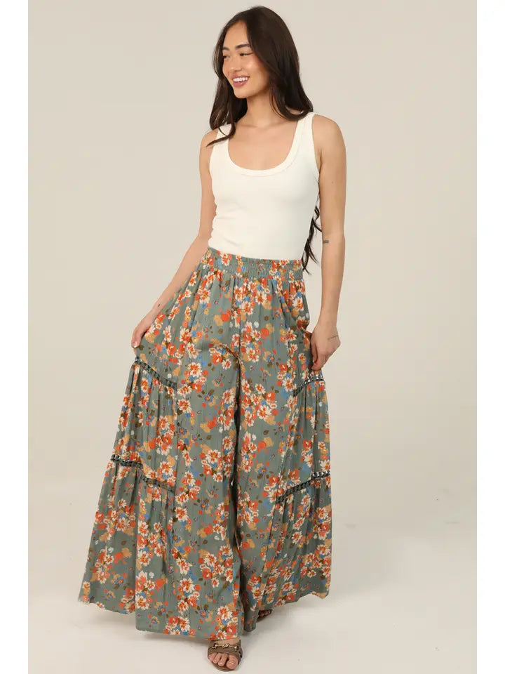 Watercress Floral Print Wide Leg Pants with Lace Inserts