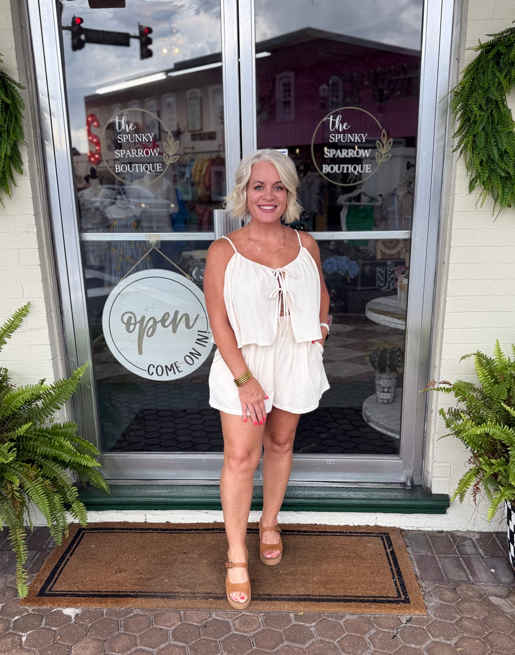 Cream Front Tie Flowy Romper