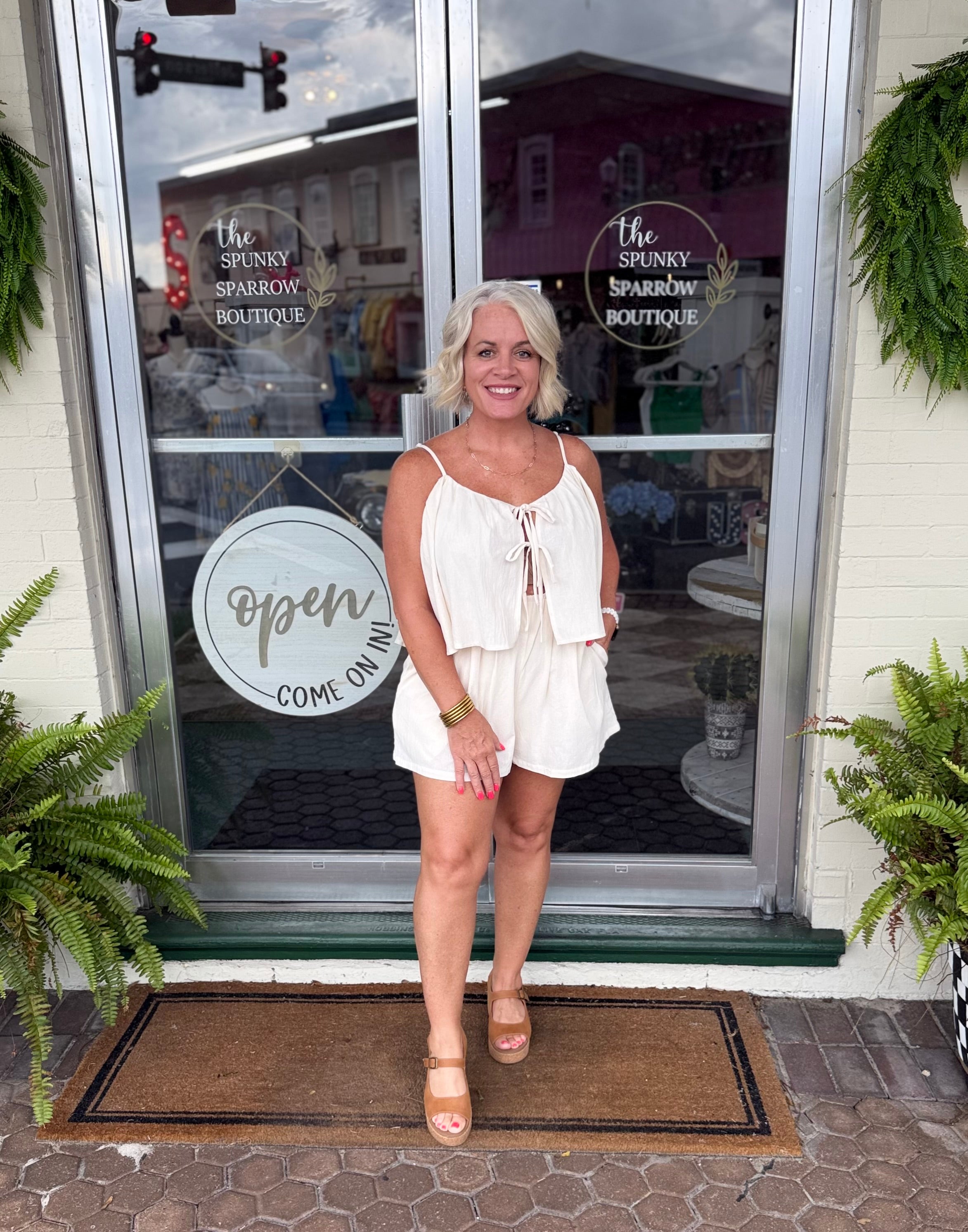 Cream Front Tie Flowy Romper