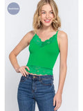 Green V-Neck with Lace Detail Rib Seamless Cami Top