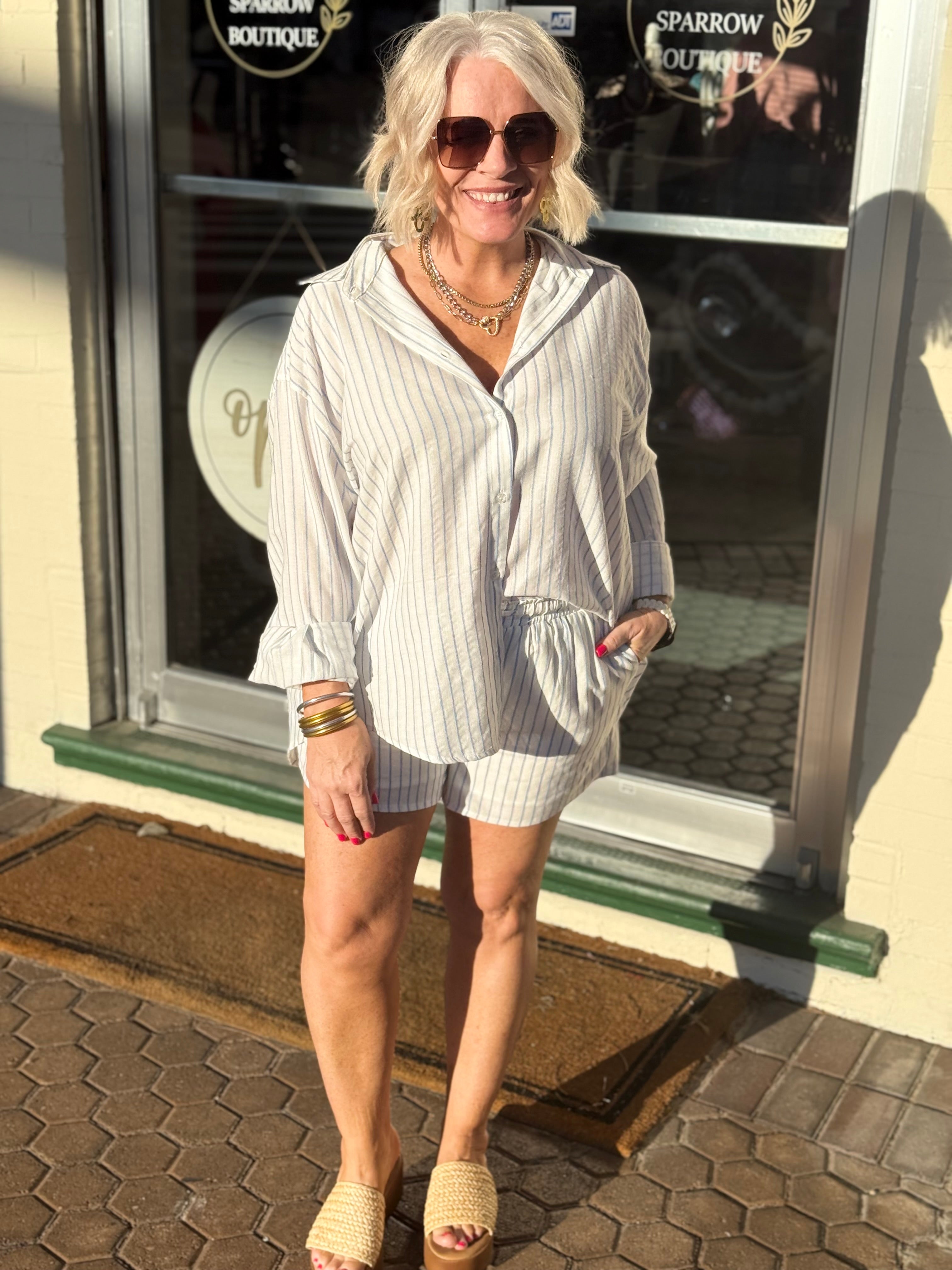 Blue Striped Button-Up Shirt and Draw String shorts set