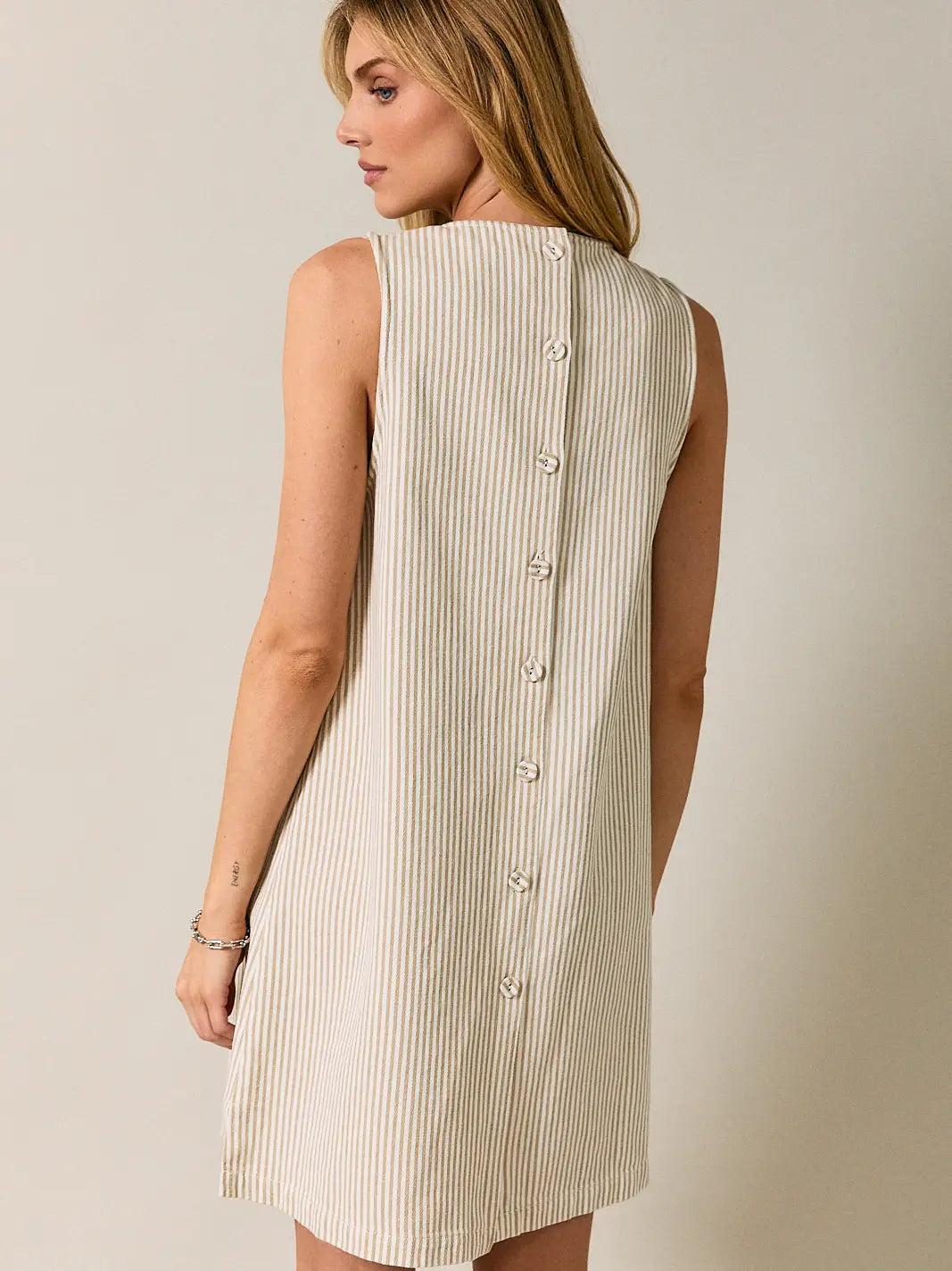 Taupe and White Sleeveless Striped Denim A-Line Mini Dress