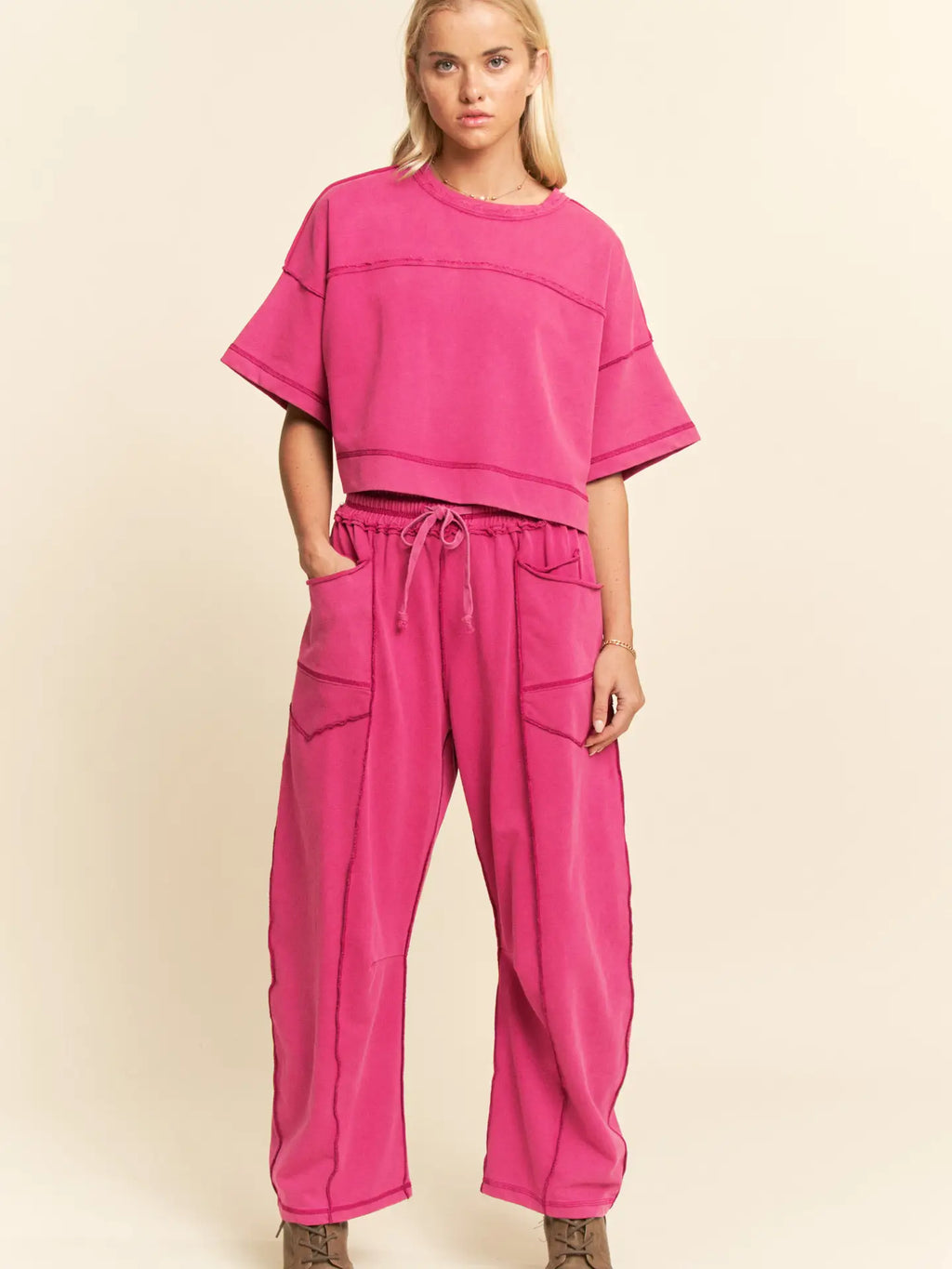 Magenta Mineral Washed Top Elasic Waist Barrel Pants Set