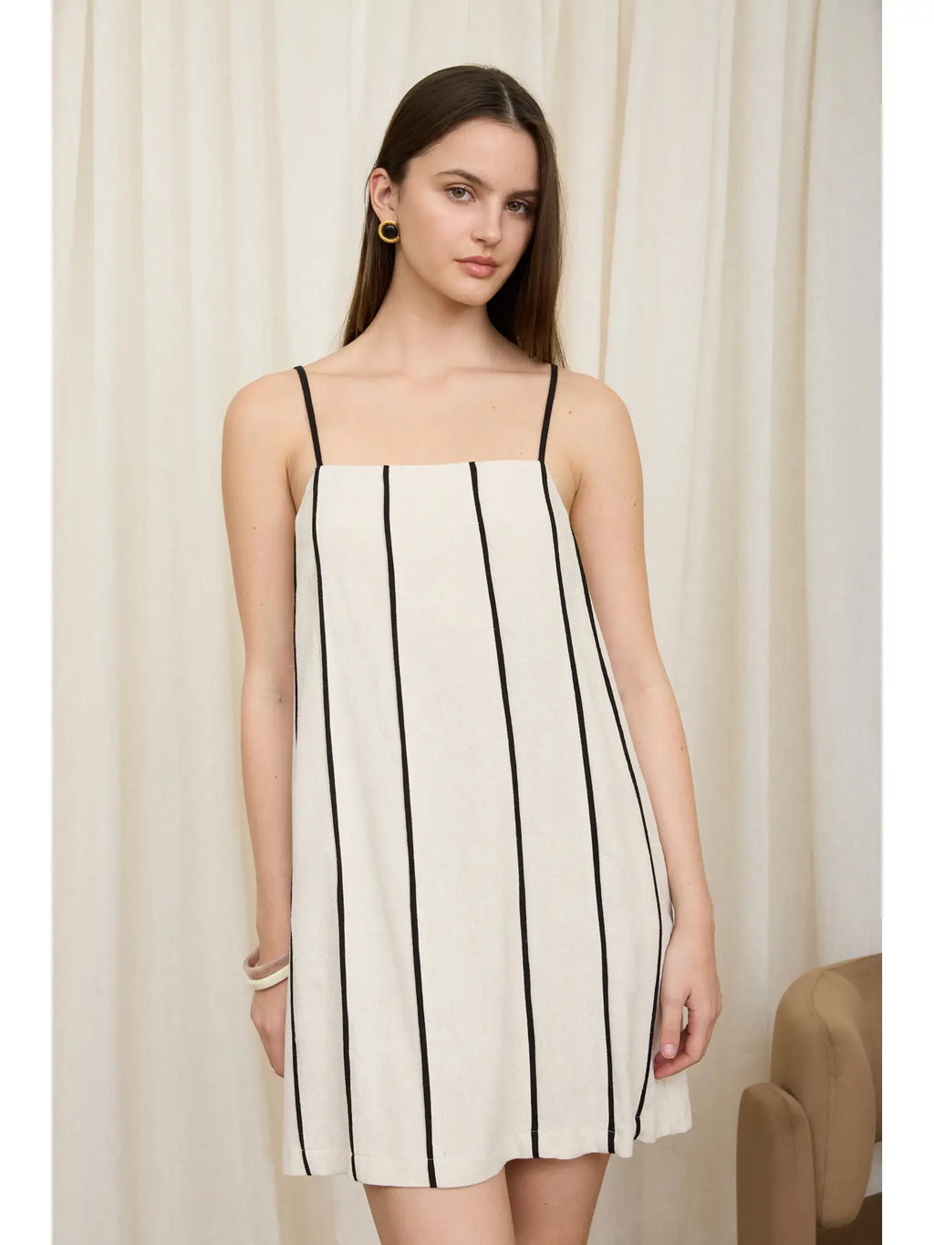 Contrast Stripe Spaghetti Strap Linen Mini Dress