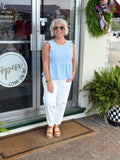 Blue Gingham Sleeveless Peplum Top with Side Ties