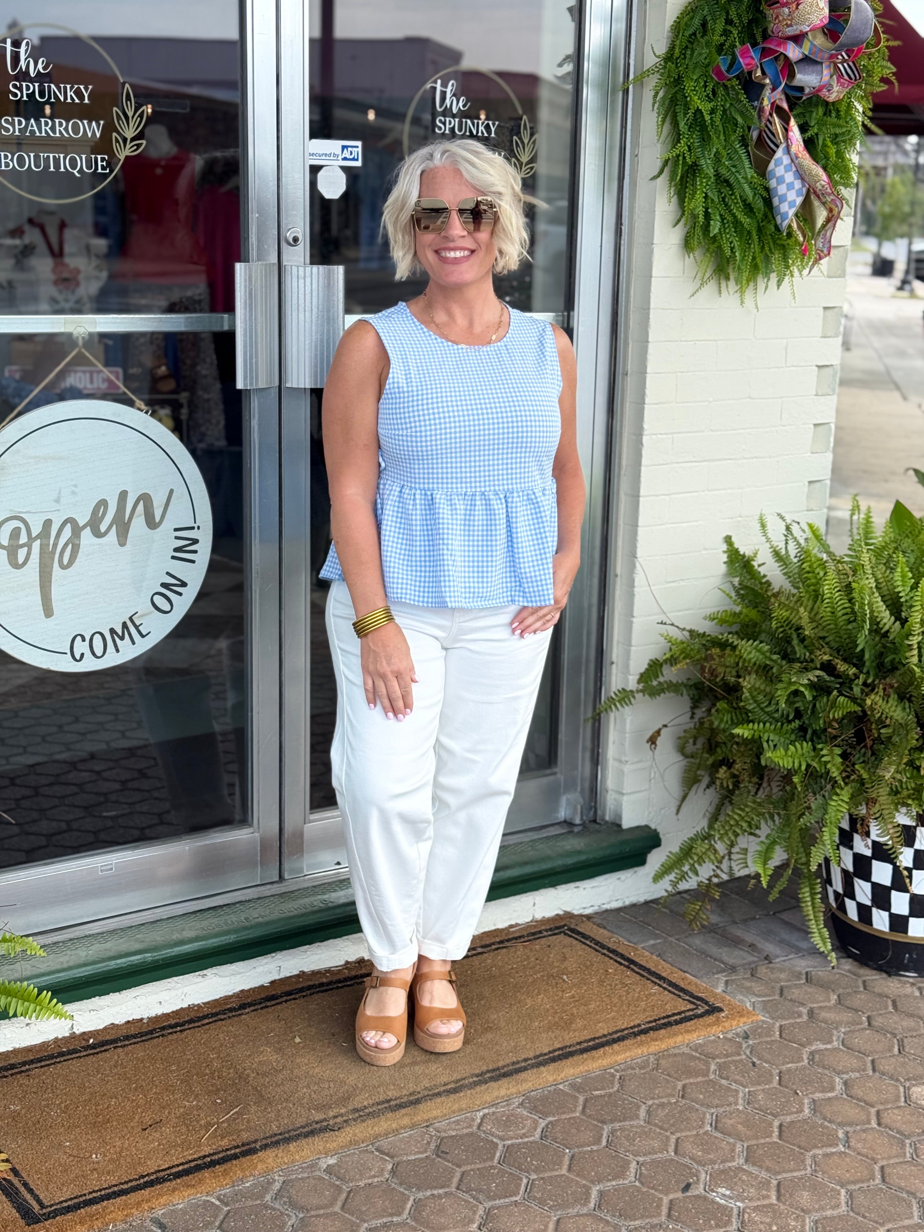 Blue Gingham Sleeveless Peplum Top with Side Ties