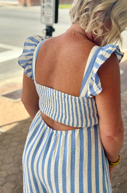 Blue Stripe Cotton Gauze Wide Leg Jumpsuit