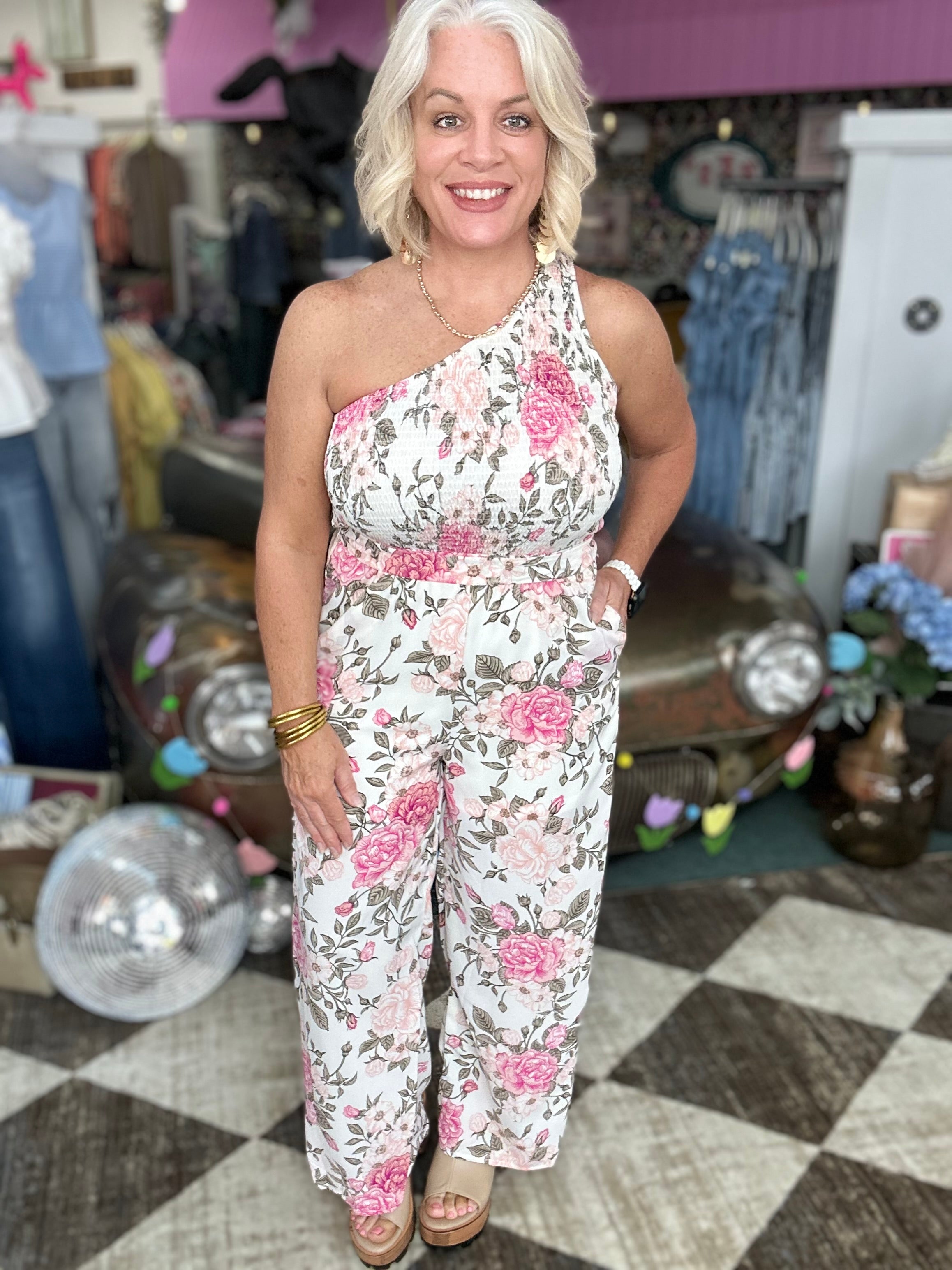 Pink Floral Smocked One Shoulder Jumpsuit