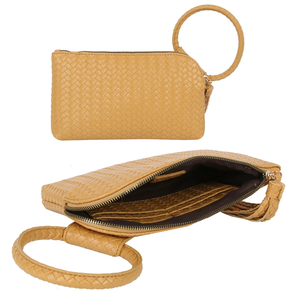 MOCHA WOVEN WRISTLET CLUTCH BAG