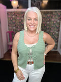 Sage Green Sleeveless Open Knit Double Tie-Front Vest