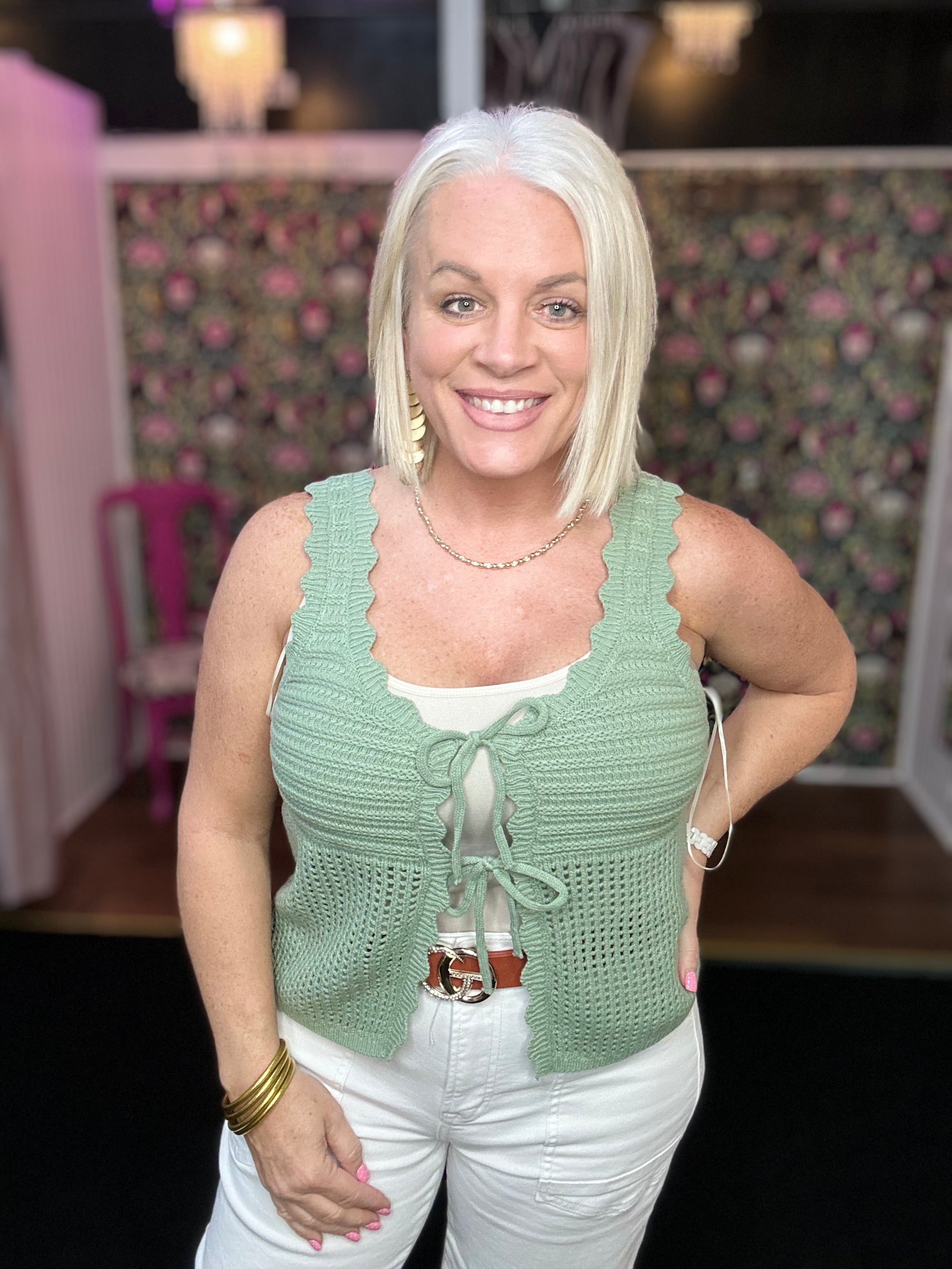 Sage Green Sleeveless Open Knit Double Tie-Front Vest