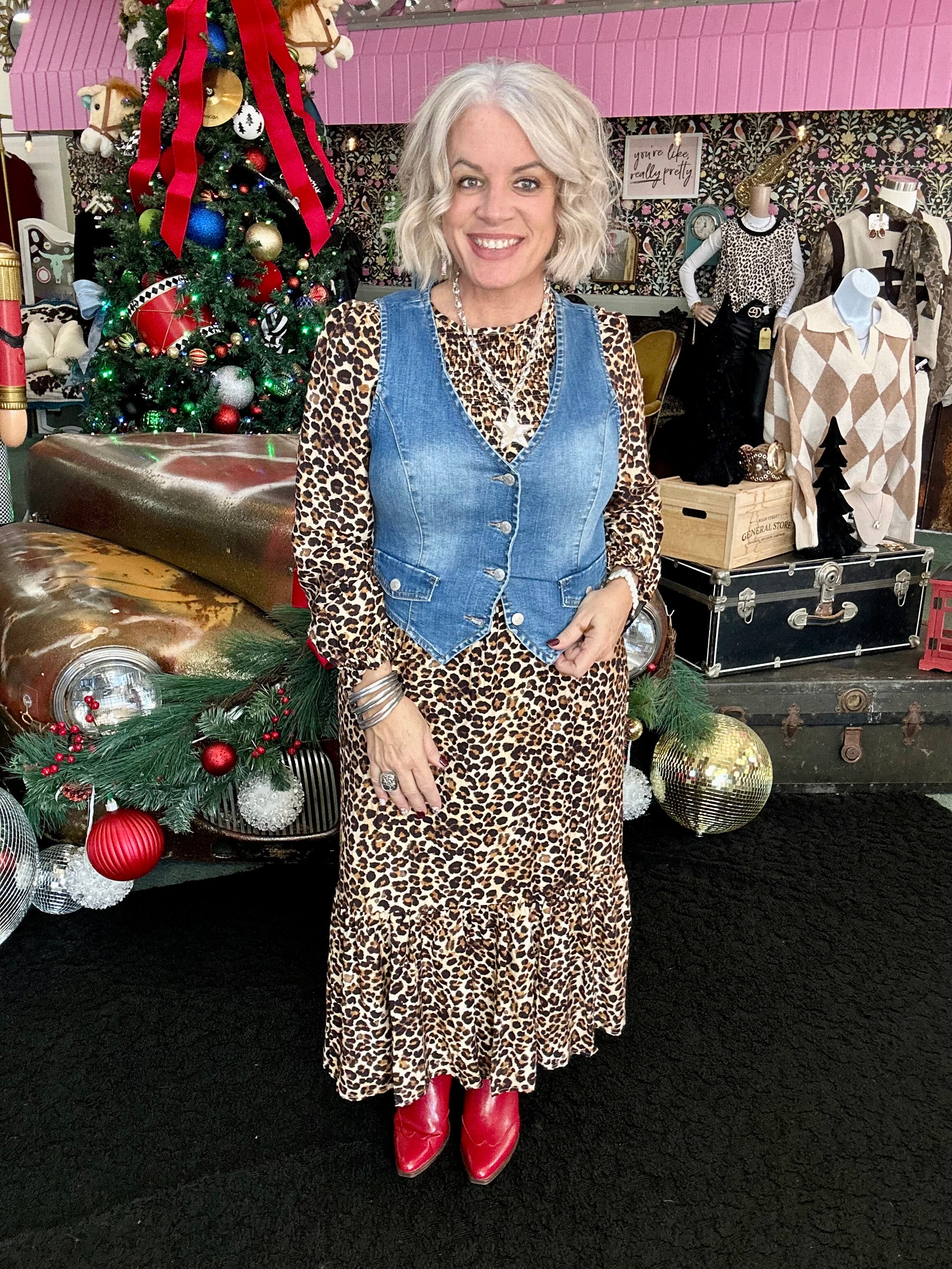 Leopard Print Long Sleeves Midi Dress