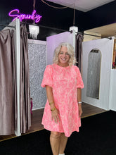 Load image into Gallery viewer, BRIGHT Coral Floral Embroidered Gingham Bubble Sleeve Dress
