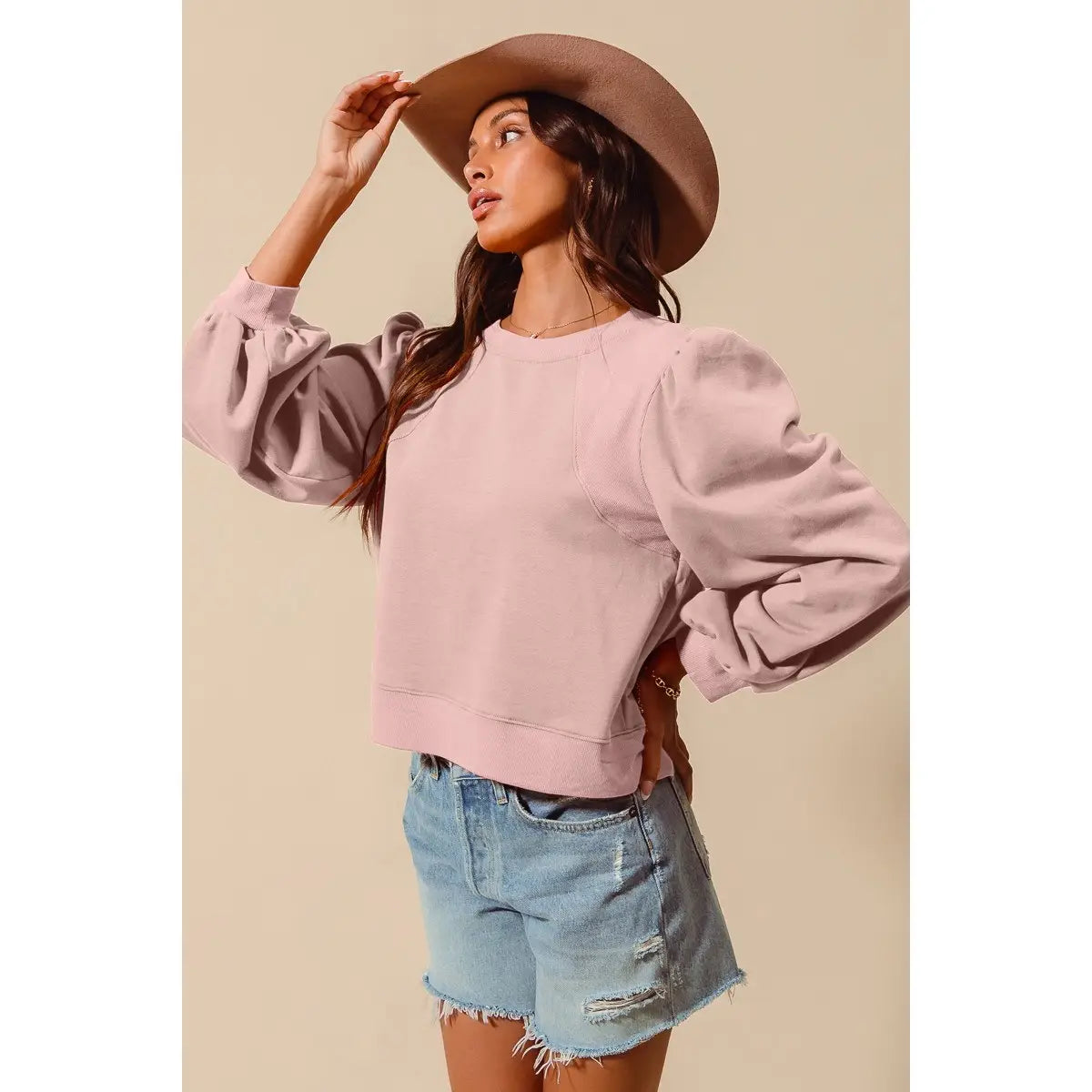 Mauve Terry Knit Top with Puff Sleeves