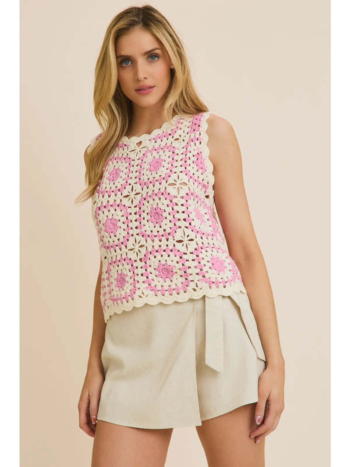 White Pink Crochet Tank