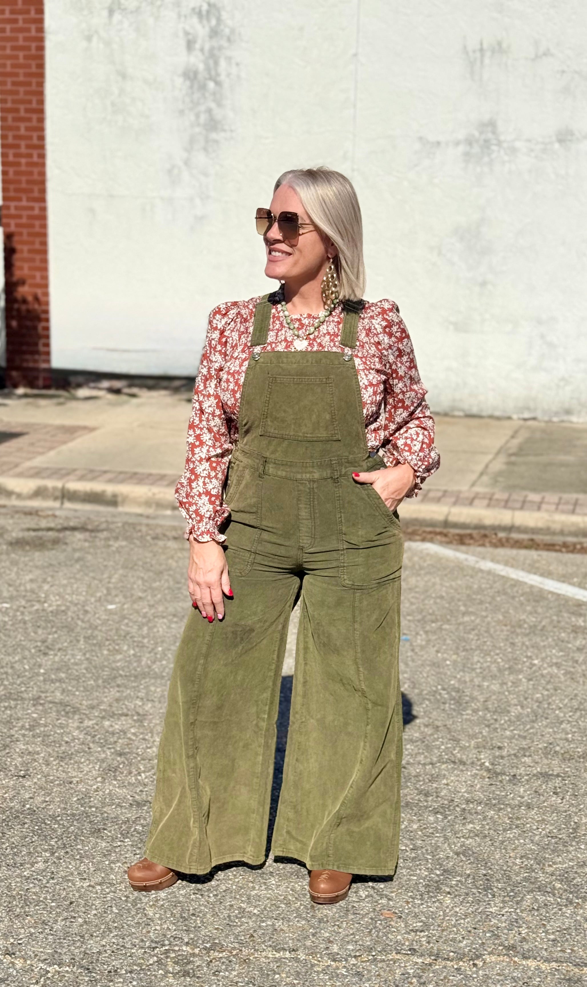 Corduroy Mineral Washed Wide Leg Overall in Olive