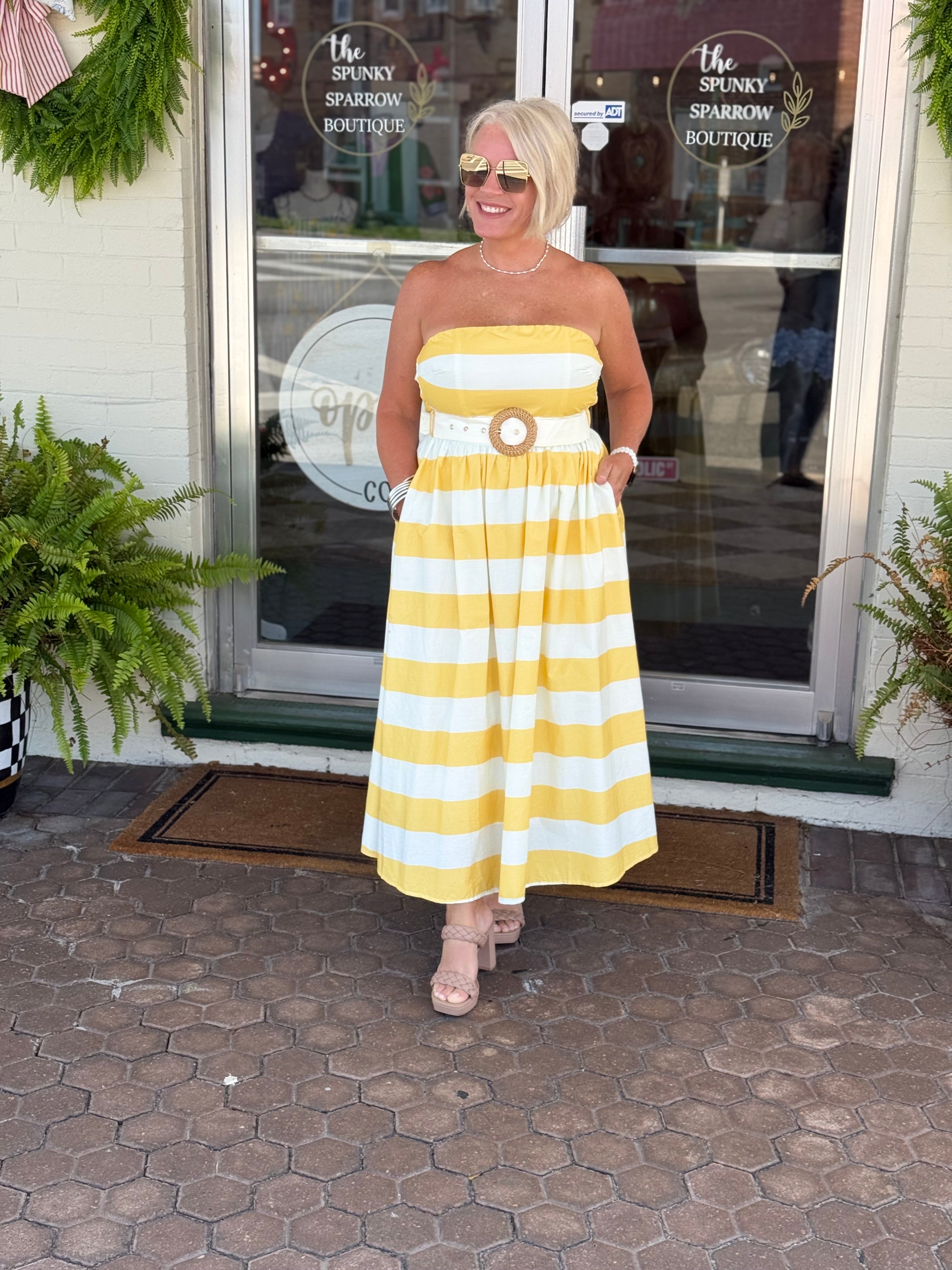 Yellow Striped Strapless Midi Dress