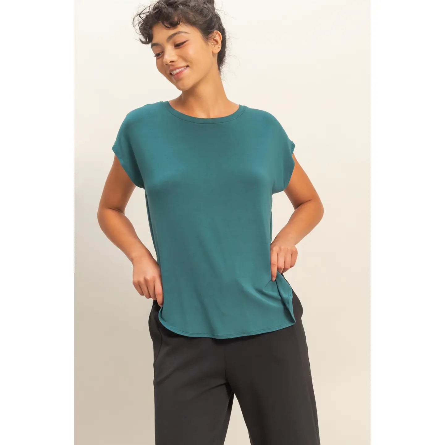 DARK TEAL Relaxed Dolman Short Sleeve Round Neck Top
