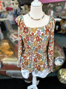 Womens Ruffled Shoulder Smocked Floral Top