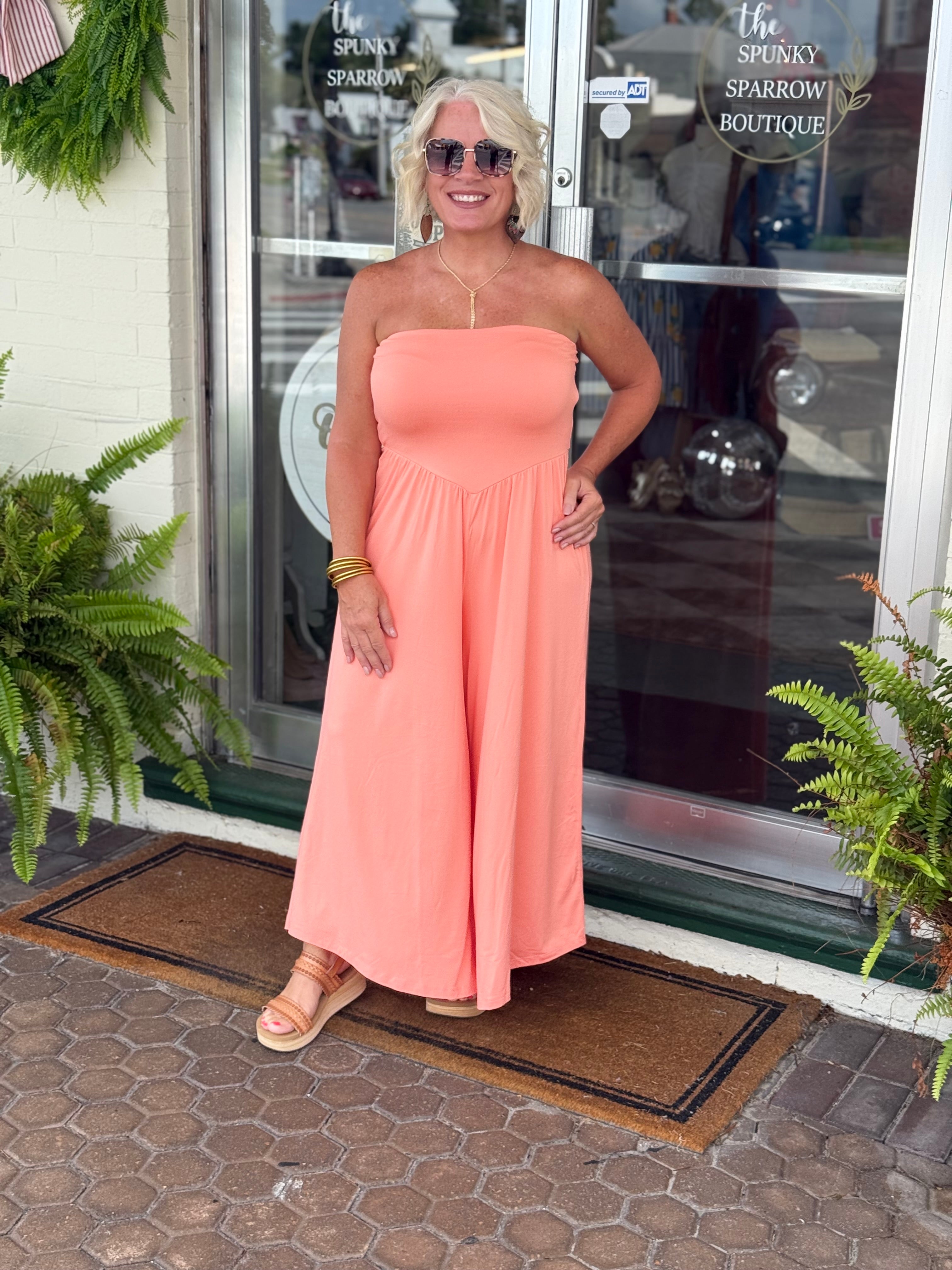 Coral Tube Strapless Flare Jumpsuit