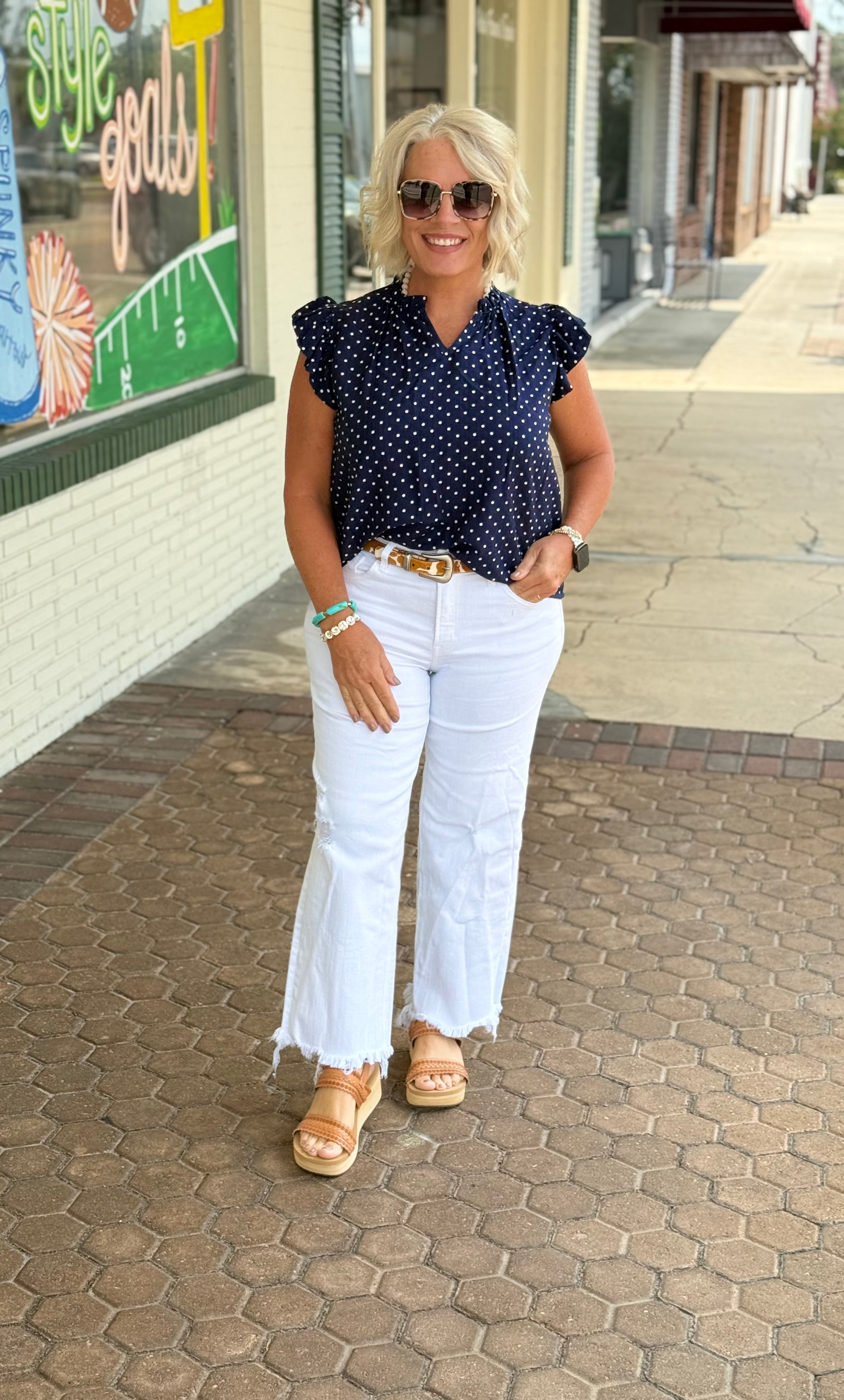 Navy Ruffle Sleeve Polka Dot Blouse
