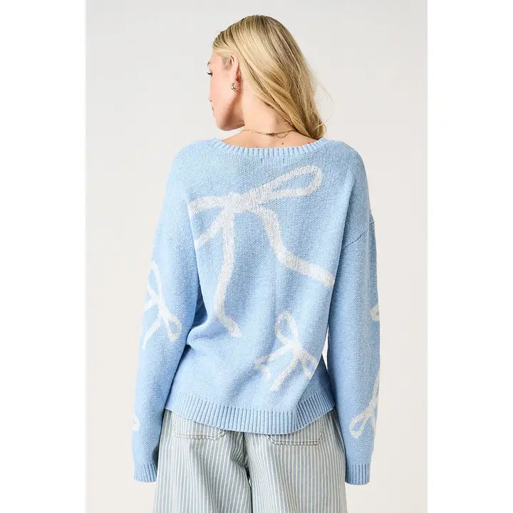 Sky Blue Coquette Bow Wide Sleeve Slub Knit Sweater