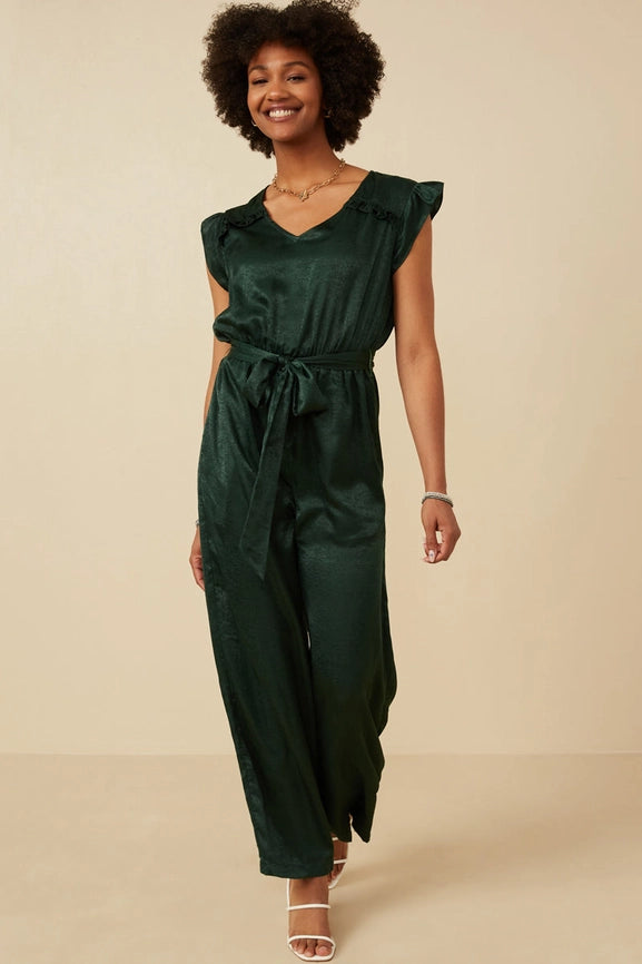 Womens Ruffled Crushed Satin Wide Leg Jumpsuit in Green