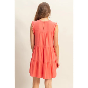 JUNIORS SALMON Flutter Sleeve Tiered Skirt Mini Dress