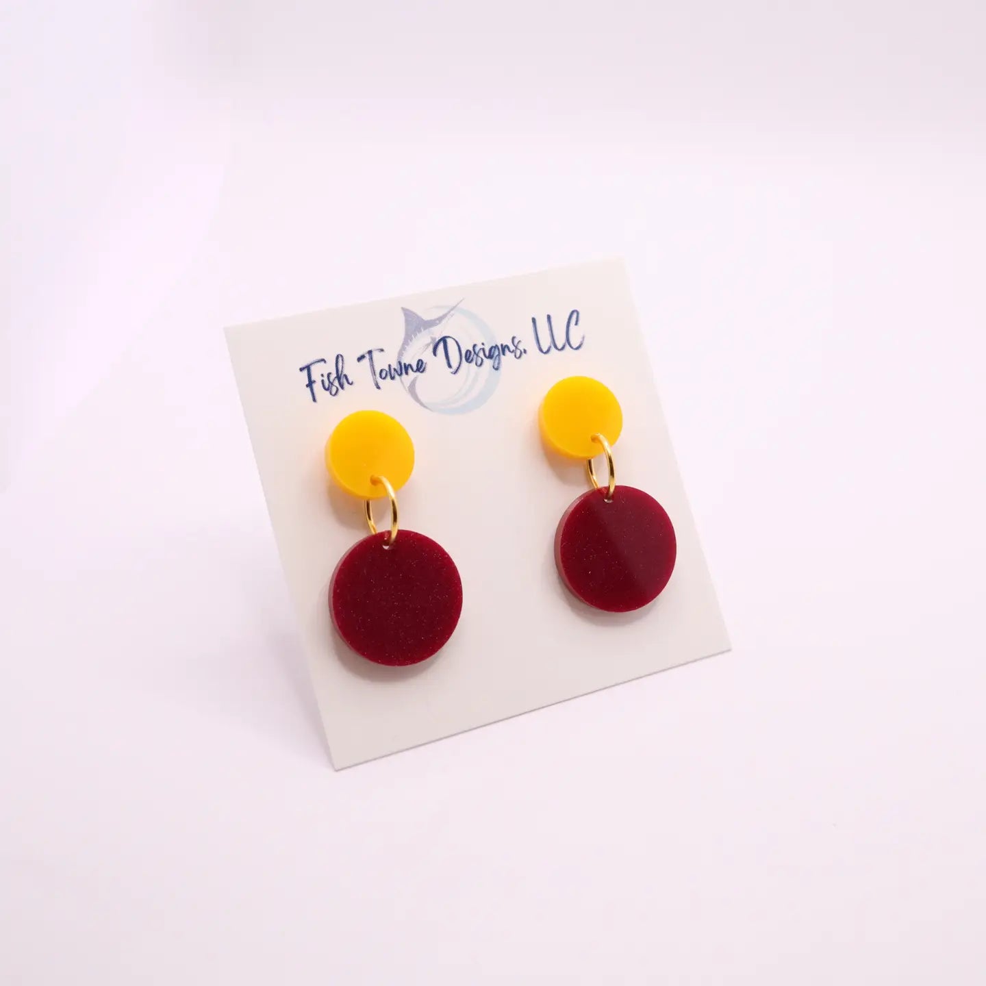 Small Circle Burgundy and Gold Acrylic Game Day Earrings