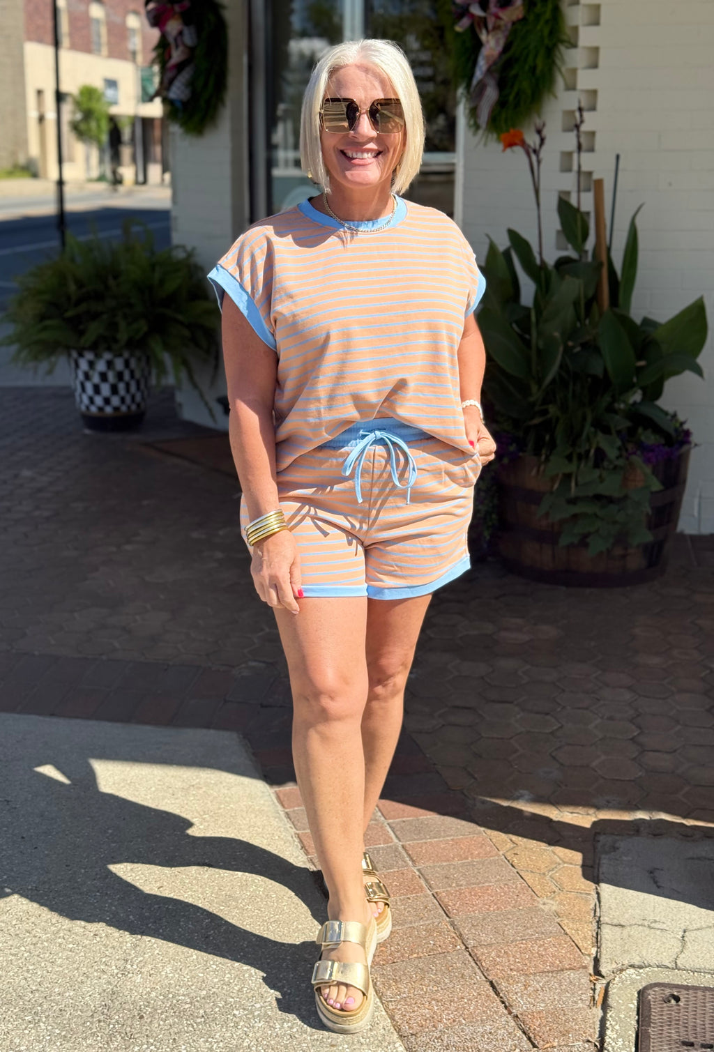 Apricot Combo Contrast Striped Top & Shorts Set