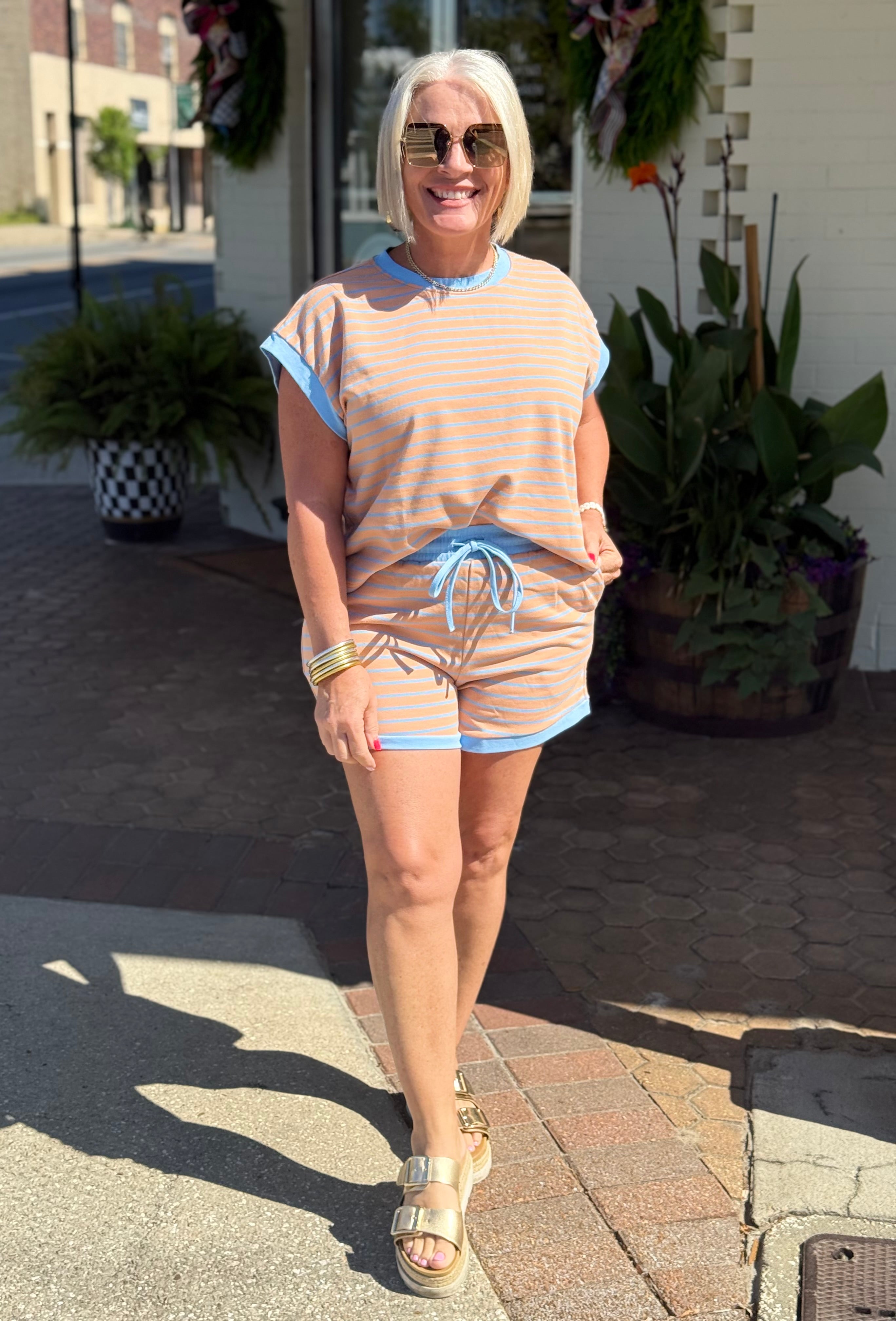 Apricot Combo Contrast Striped Top & Shorts Set